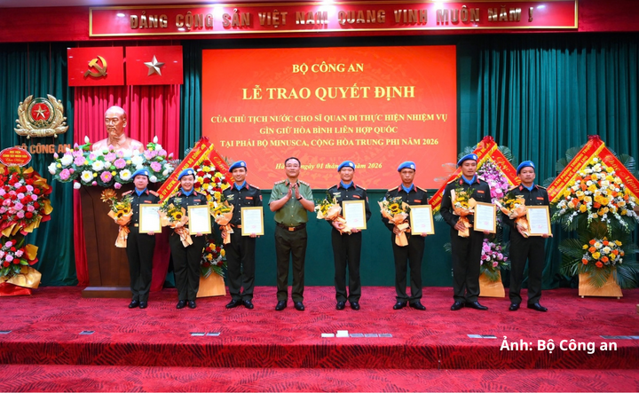Công bố Quyết định của Chủ tịch nước về việc cử 7 sĩ quan của Công an nhân dân Việt Nam đến Phái bộ MINUSCA thực hiện nhiệm vụ gìn giữ hòa bình Liên Hợp Quốc.