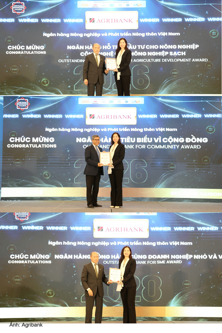 Đại diện Agribank nhận 3 giải thưởng Ngân hàng Việt Nam tiêu biểu 2026.