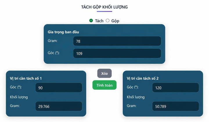 Tính năng tách, gộp khối lượng đối trọng.