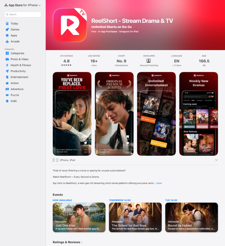 Trang ReelShort trên App Store Việt Nam xếp ứng dụng ở mức 16+, trong khi điều khoản dịch vụ của hãng quy định dịch vụ không dành cho người dưới 18 tuổi.