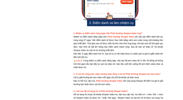 Trang trợ giúp Shopee: điểm danh xem video 7 ngày liên tục, ngày thứ 7 nhận quà ngẫu nhiên tới 500.000 Xu. Ảnh chụp ngày 2/10/2026.