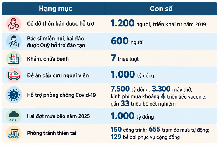 Bảng thống kê một số kết quả nổi bật của Quỹ Thiện Tâm trong lĩnh vực y tế và phòng tránh thiên tai sau 20 năm hoạt động.