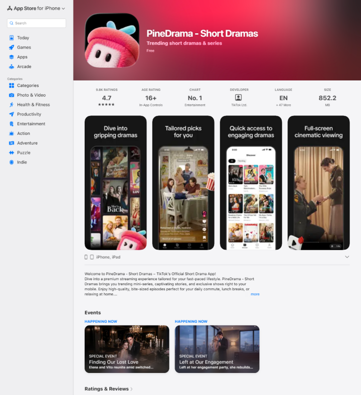 Trang PineDrama trên App Store Việt Nam, đứng hạng 1 nhóm Giải trí và được xếp 16+ tại thời điểm khảo sát ngày 2/10/2026.