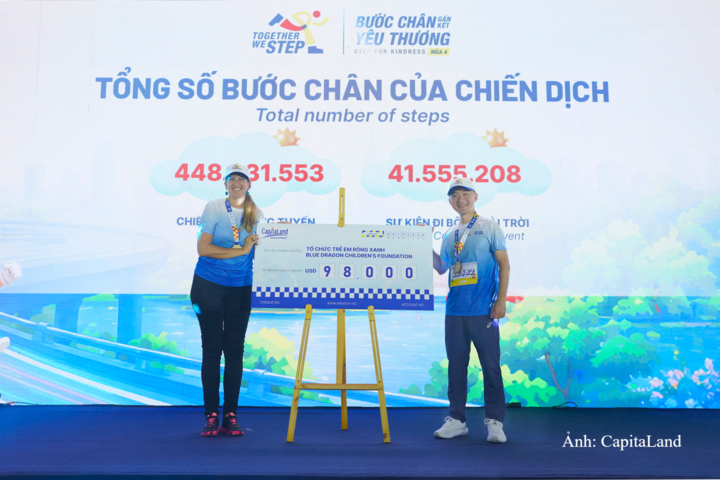Ông Tan Tze Wooi, Tổng Giám đốc CapitaLand Development (Việt Nam), trao tặng gói hỗ trợ 98.000 USD từ Quỹ CHF cho bà Skye Maconachie, đồng Giám đốc Điều hành Tổ chức Trẻ em Blue Dragon, nhằm thúc đẩy giáo dục và phát triển kỹ năng cho trẻ em và thanh thiếu niên yếu thế.