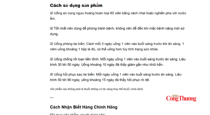 Hướng dẫn “uống phòng tai biến” trên maikorea.com nằm ngay phía trên dòng khuyến cáo sản phẩm không phải thuốc.
