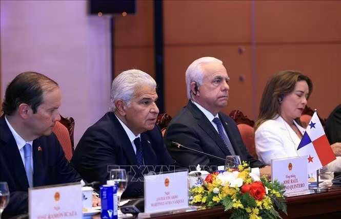 Tổng thống Cộng hòa Panama José Raúl Mulino và thành viên đoàn Panama tại cuộc hội đàm với Tổng Bí thư, Chủ tịch nước Tô Lâm.