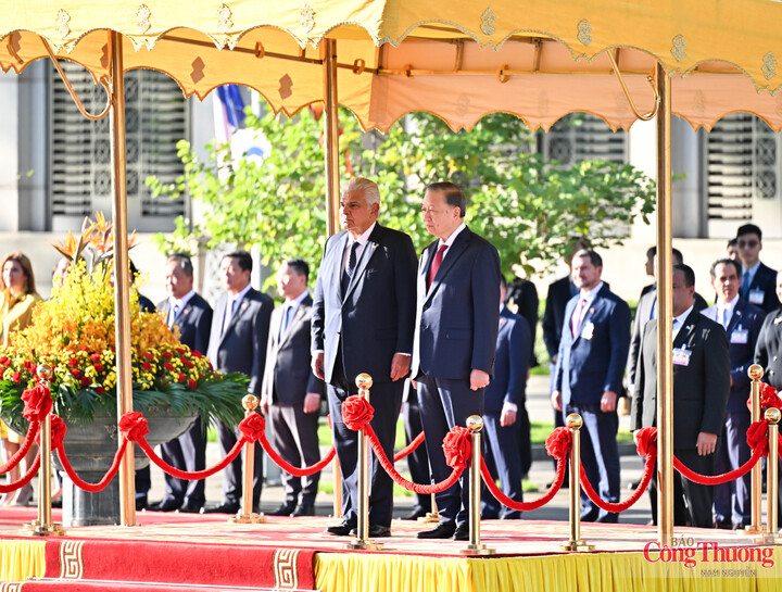 Tổng Bí thư, Chủ tịch nước Tô Lâm và Tổng thống nước Cộng hòa Panama José Raúl Mulino lên bục danh dự. Quân nhạc cử Quốc thiều hai nước.