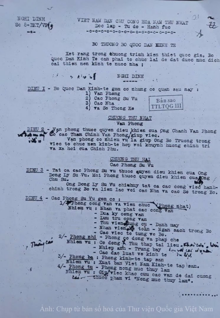 Nghị định số 08-BKT/VP ngày 2/10/1945 của Bộ trưởng Bộ Quốc dân Kinh tế, trong đó Phòng thứ ba là Phòng Kinh tế tập san có nhiệm vụ xuất bản Việt Nam Kinh tế tập san. Nguồn: Thư viện Quốc gia Việt Nam