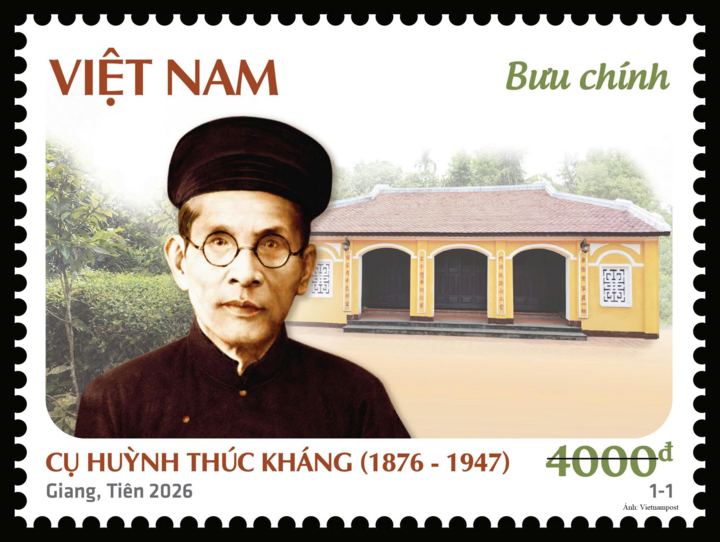 Mẫu tem “Kỷ niệm 150 năm Ngày sinh cụ Huỳnh Thúc Kháng (1876 - 2026)” lấy chân dung cụ Huỳnh Thúc Kháng làm hình ảnh chủ đạo, kết hợp không gian kiến trúc truyền thống gợi nhắc những dấu ấn gắn với cuộc đời và quê hương của cụ.