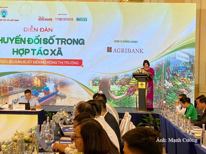 Bà Cao Xuân Thu Vân - Chủ tịch Liên minh Hợp tác xã Việt Nam phát biểu khai mạc Diễn đàn.