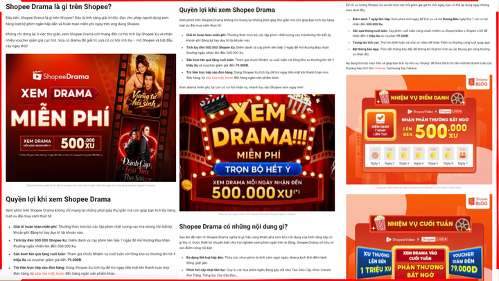 Shopee Drama sử dụng thông điệp "Xem drama mỗi ngày nhận đến 500.000 xu".