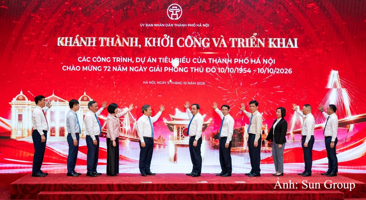 Các đại biểu thực hiện nghi thức khởi công, khánh thành các dự án tiêu biểu của TP. Hà Nội.
