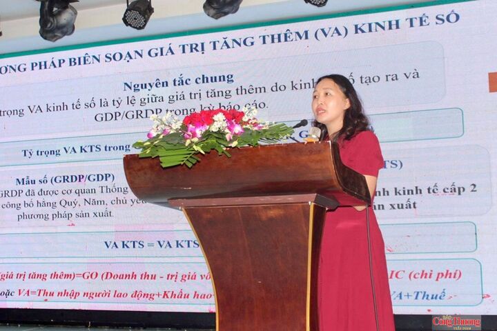 Thạc sĩ Nguyễn Thị Huyền - Ban Hệ thống Tài khoản quốc gia, Cục Thống kê, Bộ Tài chính, trình bày tham luận tại hội nghị.