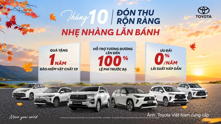 Bước sang tháng 10/2026, Toyota Việt Nam và hệ thống đại lý triển khai chương trình ưu đãi dành cho nhiều dòng xe như Vios, Veloz Cross, Avanza Premio, Yaris Cross, Corolla Cross và Innova Cross.
