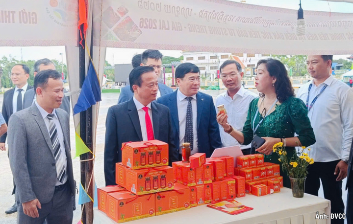 Lãnh đạo hai tỉnh Stung Treng (Vương quốc Campuchia) và tỉnh Gia Lai tham quan các gian hàng trưng bày trong khuôn khổ Diễn đàn Xúc tiến đầu tư tỉnh Stung Treng - Gia Lai năm 2026.