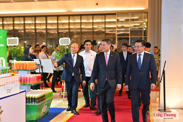 Thủ tướng Lê Minh Hưng, Bộ trưởng Lê Mạnh Hùng và đại diện các bộ, ngành tham quan các gian trưng bày sản phẩm đạt Thương hiệu quốc gia.