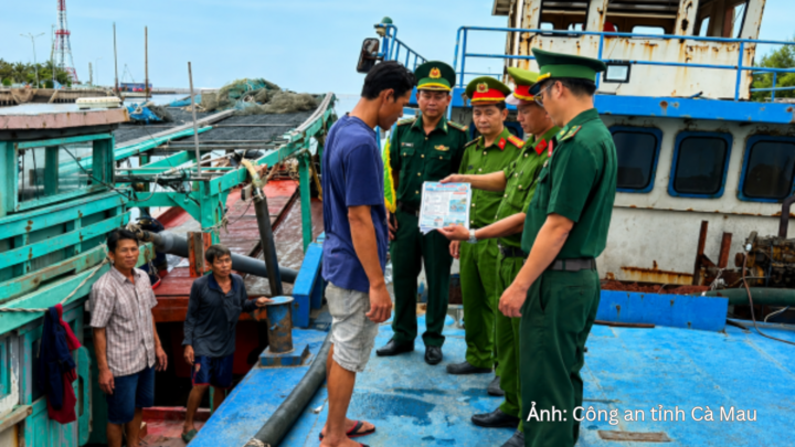 Công an tỉnh Cà Mau phối hợp Bộ đội Biên phòng tỉnh tuyên truyền về phòng, chống khai thác thuỷ sản bất hợp pháp, không khai báo, không theo quy định (IUU).