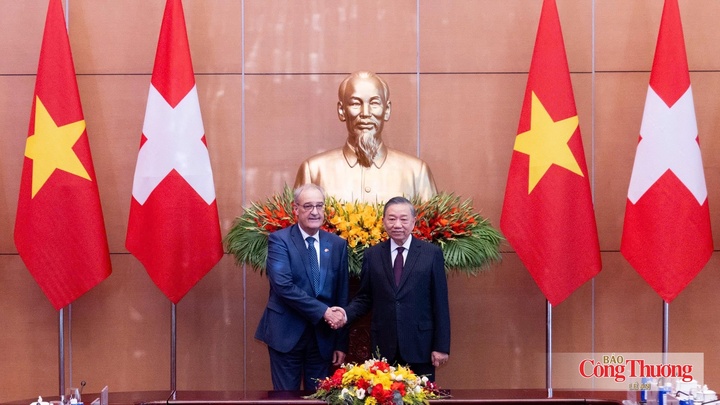 Tổng Bí thư, Chủ tịch nước Tô Lâm và Tổng thống Liên bang Thụy Sĩ Guy Parmelin cùng Đoàn đại biểu cấp cao hai nước tiến hành hội đàm.