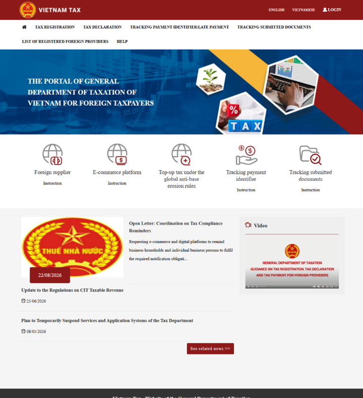 Trang chủ Cổng thông tin điện tử dành cho nhà cung cấp nước ngoài của cơ quan thuế Việt Nam.