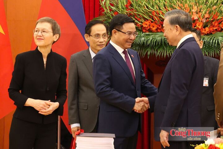 Tổng Bí thư, Chủ tịch nước Tô Lâm và Bộ trưởng Bộ Công Thương Lê Mạnh Hùng tại lễ ký kết.