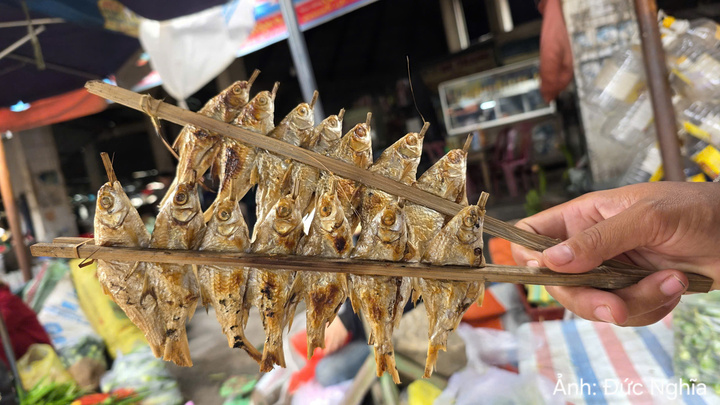 Cá suối được người dân đánh bắt trên sông Sê Pôn, sau đó kết thành từng xâu rồi nướng qua than củi, bán với giá 20.000 đồng/xâu.