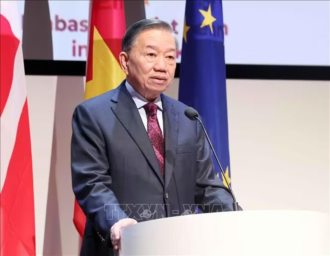 Tổng Bí thư, Chủ tịch nước Tô Lâm phát biểu khai mạc Diễn đàn Doanh nghiệp Việt Nam - Đan Mạch. Ảnh: Thống Nhất/TTXVN.