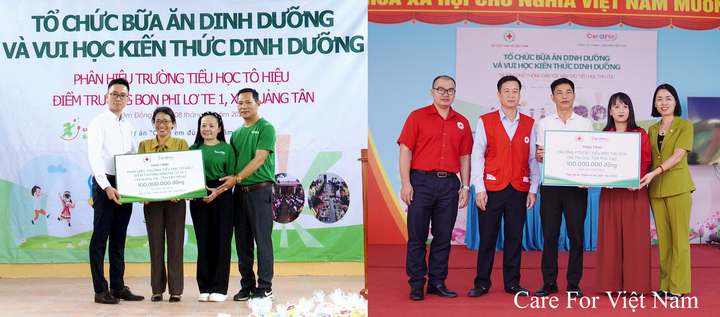 Đại diện Care For Việt Nam và Hội Chữ thập đỏ trao kinh phí hỗ trợ bữa ăn dinh dưỡng cho các điểm trường trong khuôn khổ chương trình “Chăm em đủ chất” năm 2026.
