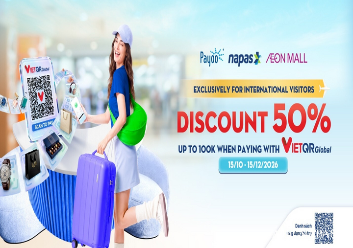 Khách hàng thanh toán bằng VietQRGlobal tại AEON MALL được giảm 50%, tối đa 50.000 đồng cho đơn hàng từ 100.000 đồng theo điều kiện chương trình.