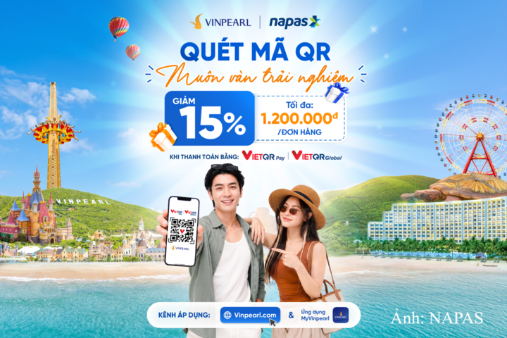 Thanh toán trực tuyến bằng VietQRPay hoặc VietQRGlobal giúp khách hàng tiếp cận ưu đãi khi đặt dịch vụ trong hệ sinh thái Vinpearl và VinWonders.