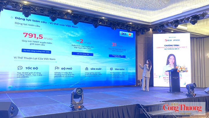 Đại diện Phòng Thương mại điện tử xuyên biên giới, Cục Thương mại điện tử (Bộ Công Thương) trình bày chính sách và giải pháp thúc đẩy thương mại số xuyên biên giới giai đoạn 2026-2030 tại sự kiện.