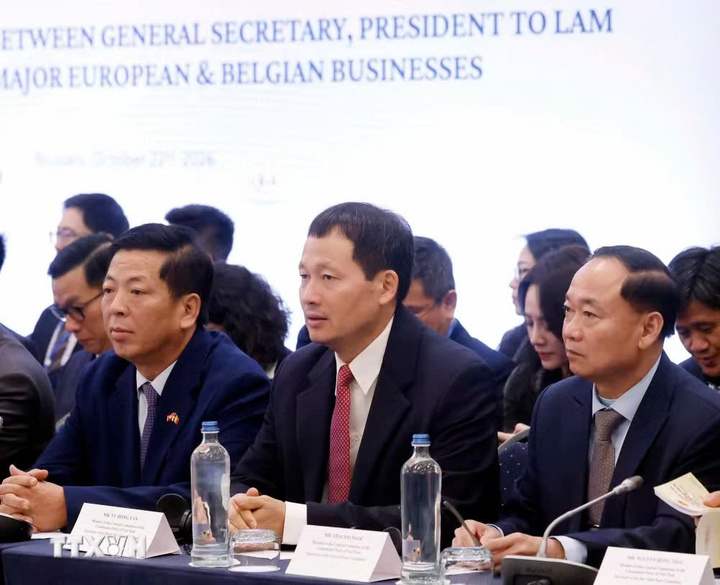 Các đại biểu đoàn Việt Nam tham dự Toạ đàm cấp cao giữa Tổng Bí thư, Chủ tịch nước Tô Lâm với lãnh đạo doanh nghiệp tiêu biểu châu Âu và Bỉ. (Ảnh: Thống Nhất/TTXVN)