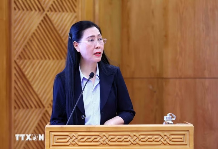 Đồng chí Bùi Thị Quỳnh Vân, Ủy viên Trung ương Đảng, Bí thư Đảng ủy, Phó Trưởng Ban Tổ chức Trung ương, phát biểu. (Ảnh: An Đăng/TTXVN)