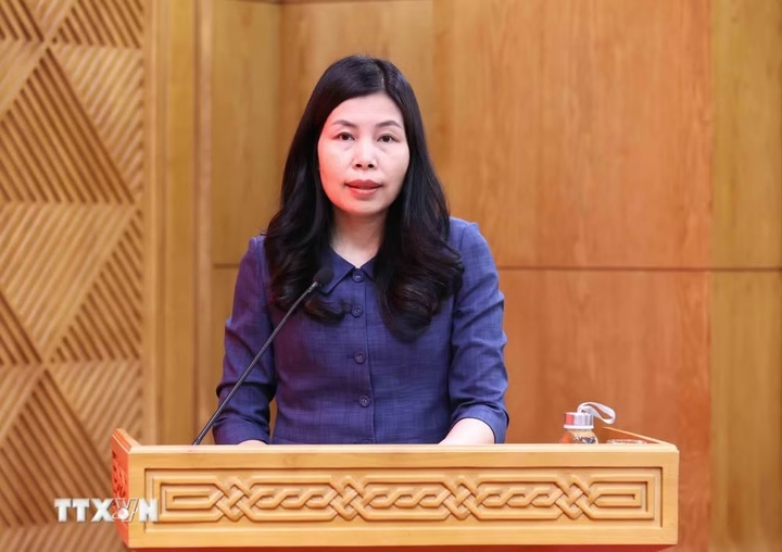 Đồng chí Đỗ Thị Trang, Ủy viên Ban Chấp hành Đảng bộ các cơ quan Đảng Trung ương, Phó Bí thư chuyên trách Đảng ủy Thông tấn xã Việt Nam, phát biểu tham luận. (Ảnh: An Đăng/TTXVN)