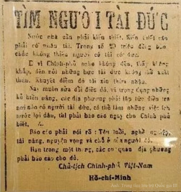 Bài viết "Tìm người tài đức" đăng trên Báo Cứu quốc số 411 ngày 20/11/1946.