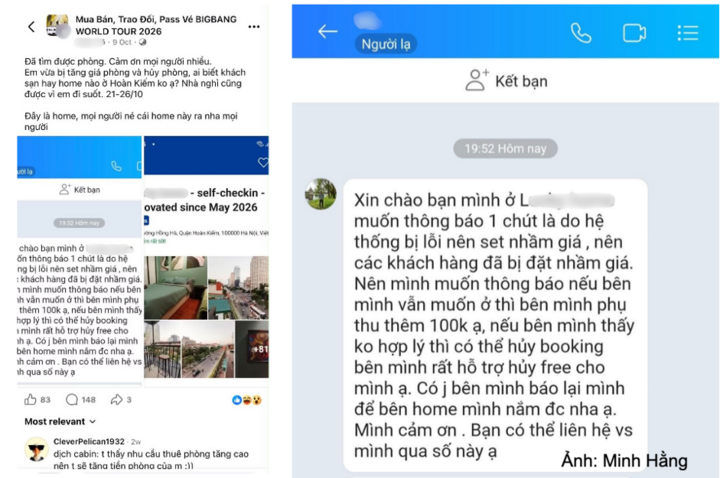 Bài đăng tìm kiếm nơi lưu trú trong đêm của chị N. và thông báo phụ thu từ phía homestay (Ảnh: NVCC).