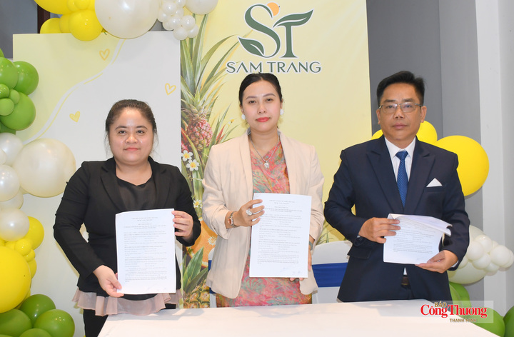 Bà Lê Hồng Đào, Chủ tịch Hội đồng quản trị kiêm Tổng Giám đốc Sam Trang (người đứng giữa) ký kết hợp tác với các đối tác tại buổi lễ.