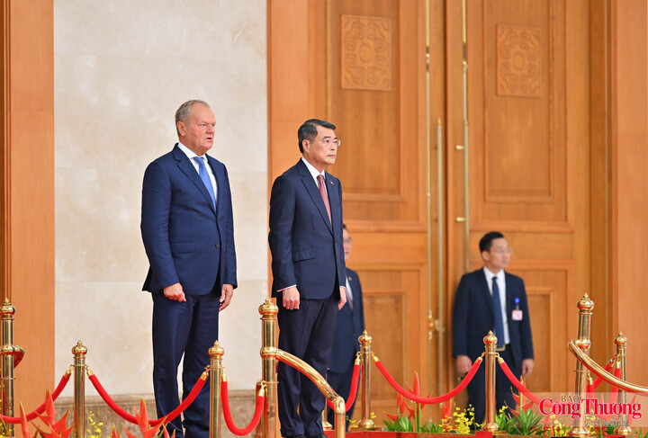 Thủ tướng Lê Minh Hưng và Thủ tướng Ba Lan Donald Tusk thực hiện nghi lễ chào cờ.
