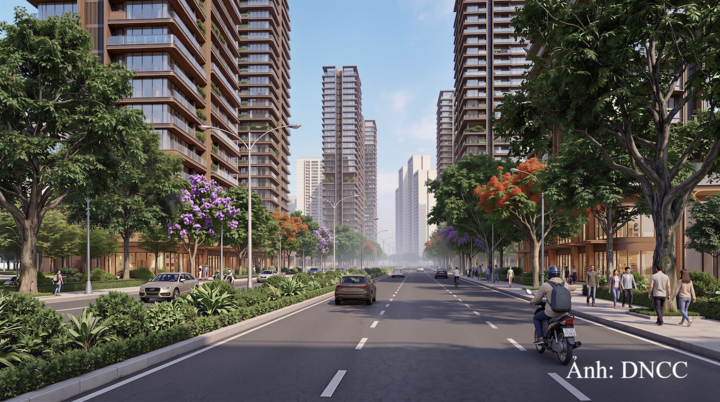 Phối cảnh hệ thống đường giao thông tại Vĩnh Hưng được nâng cấp, mở rộng sau tái thiết.