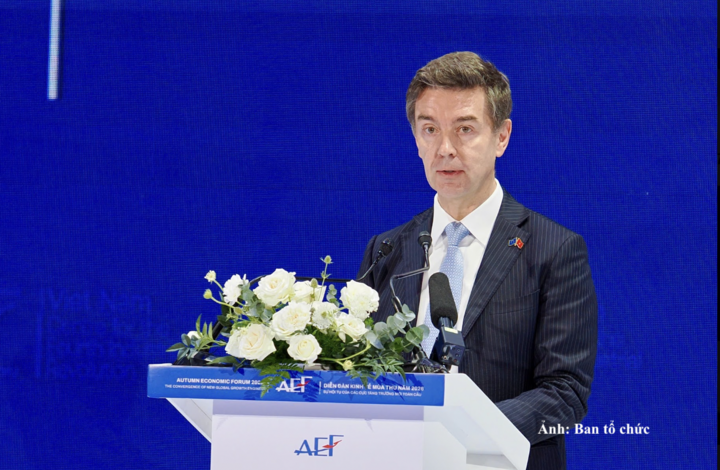 Ông Julien Guerrier, Đại sứ, Trưởng Phái đoàn Liên minh châu Âu tại Việt Nam phát biểu tại phiên toàn thể cấp cao.