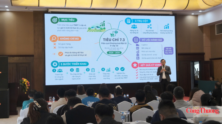 Ông Võ Văn Khanh, Trưởng Đại diện Hiệp hội Thương mại điện tử Việt Nam (VECOM) tại miền Trung - Tây Nguyên giới thiệu về tiêu chí 7.3 tại buổi tập huấn.