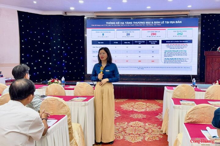 Bà Huỳnh Thị Đoan Hạnh, Giám đốc Cơ sở Cần Thơ - Trường Cao đẳng Kinh tế đối ngoại chia sẻ các chuyên đề tại lớp bồi dưỡng nghiệp vụ quản lý chợ năm 2026.