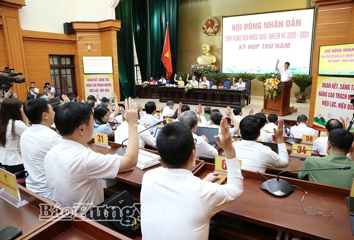 Các đại biểu biểu quyết thông qua các nhóm nghị quyết tại kỳ họp. Ảnh: Báo Hưng Yên