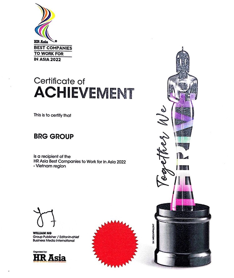 Tập đoàn BRG được vinh danh là “Nơi làm việc tốt nhất châu Á” năm 2022 Tập đoàn BRG được vinh danh là “Nơi làm việc tốt nhất châu Á” năm 2022