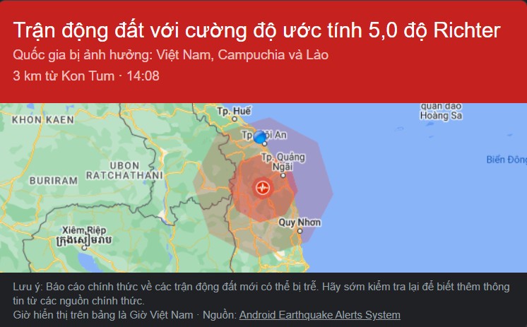 Động đất 4,7 độ Richter tại huyện Kon Plông (tỉnh Kon Tum) gây rung lắc mạnh