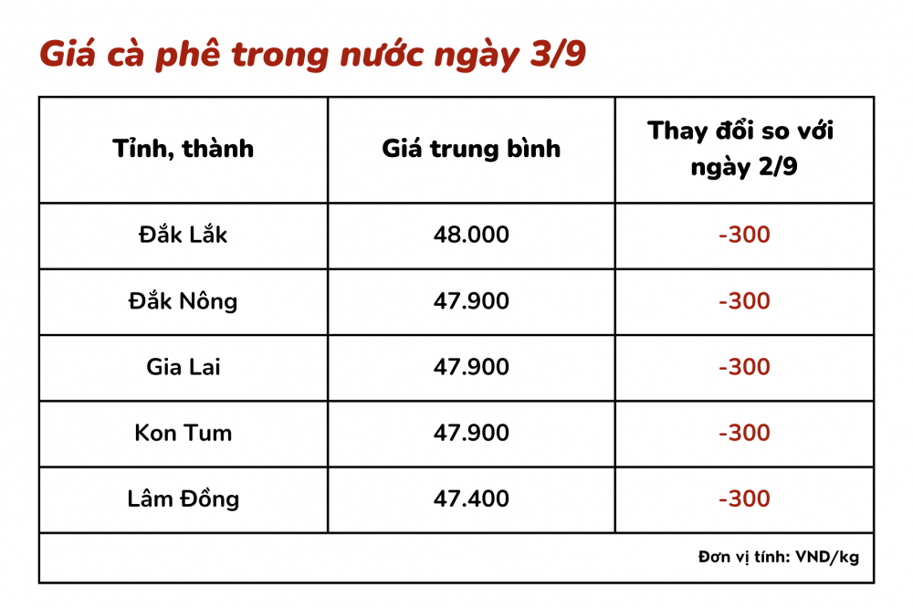 Giá cà phê hôm nay 3/9: Giá cà phê trong nước giảm thêm 300 đồng/kg Giá cà phê hôm nay 3/9: Giá cà phê trong nước giảm thêm 300 đồng/kg