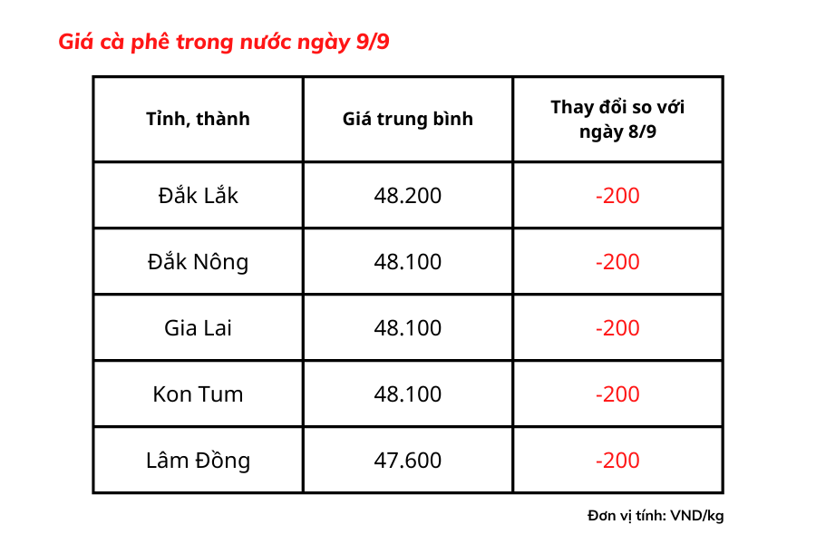 Giá cà phê hôm nay 9/9: Giá cà phê trong nước giảm 200 đồng/kg Giá cà phê hôm nay 9/9: Giá cà phê trong nước giảm 200 đồng/kg