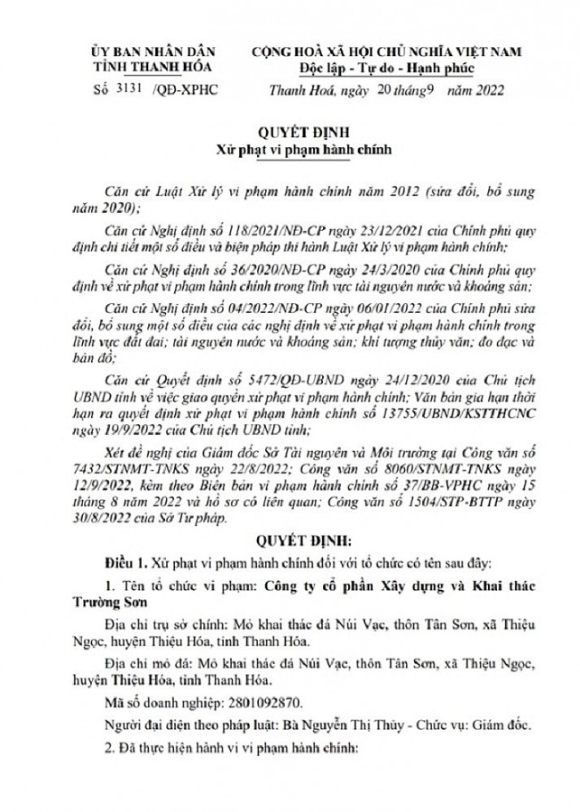 Thanh Hóa: Xử phạt Công ty Trường Sơn 120 triệu đồng vì khai thác đá trái phép Thanh Hóa: Xử phạt Công ty Trường Sơn 120 triệu đồng vì khai thác đá trái phép