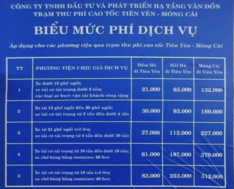 Bảng giá phí dịch vụ cao tốc Tiên Yên - Móng Cái. Bảng giá phí dịch vụ cao tốc Tiên Yên - Móng Cái.