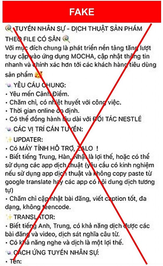 Cảnh báo tin nhắn lừa đảo và thông báo tuyển dụng giả mạo Nestlé Cảnh báo tin nhắn lừa đảo và thông báo tuyển dụng giả mạo Nestlé