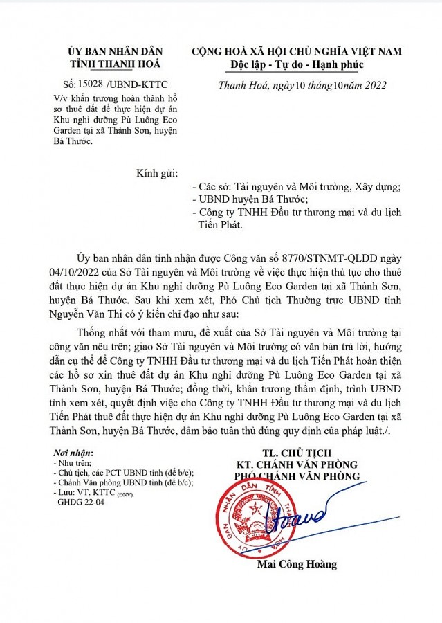 Thanh Hóa: Yêu cầu chủ đầu tư hoàn thành hồ sơ thuê đất dự án nghỉ dưỡng Pù Luông Eco Garden
